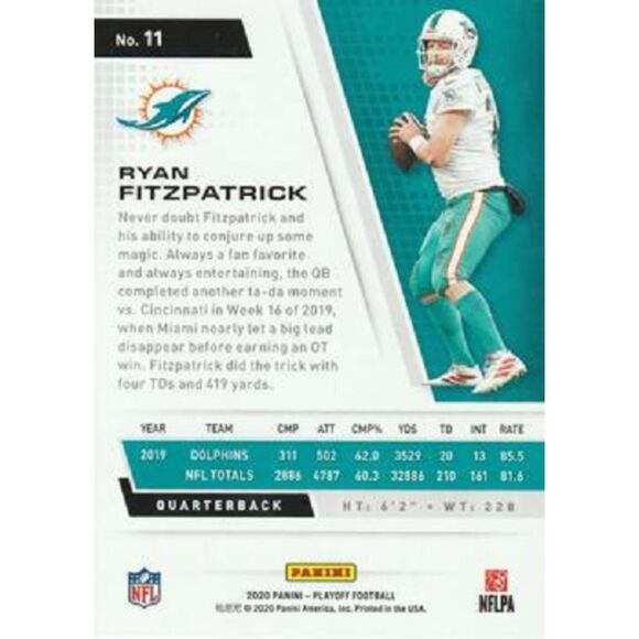 2020 Panini Playoff Football Card #11 Ryan Fitzpatrick - Picture 2 of 2